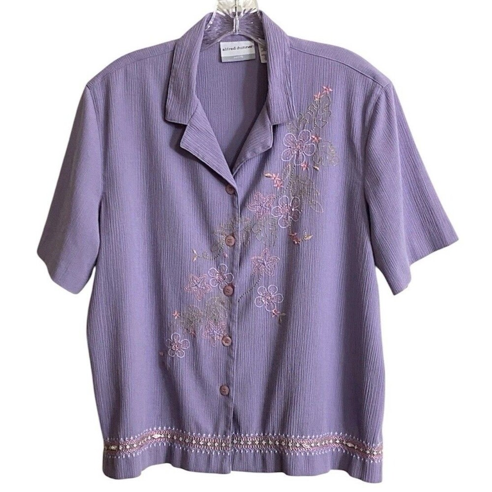 Alfred Dunner 90s Lavender Top Sz 18P Button Up Embroidered Coastal Grandmother